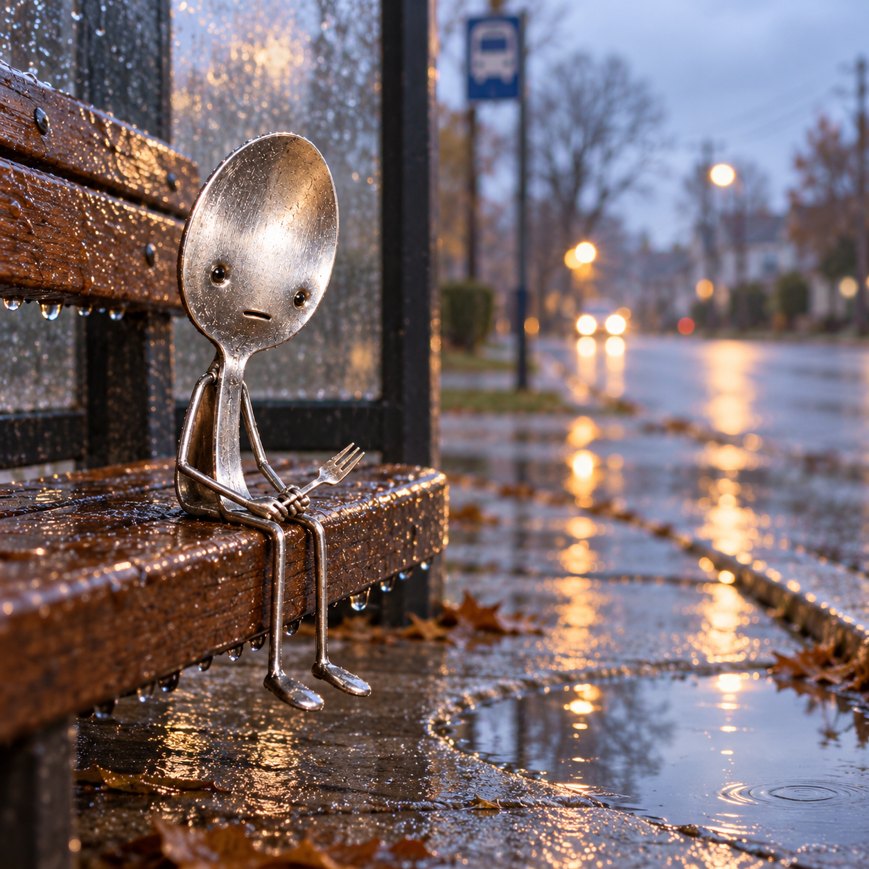 The tiny silver spoon sits at a rainy bus stop with his fork