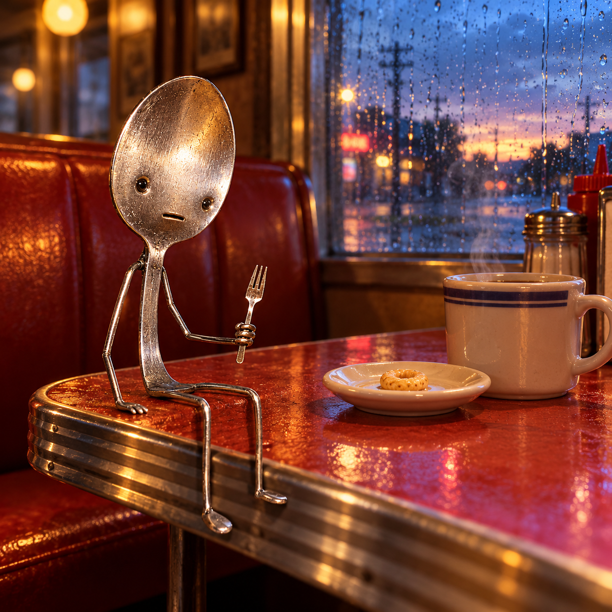 Sad Spoon at a quiet rainy diner, looking at one cereal loop on a saucer