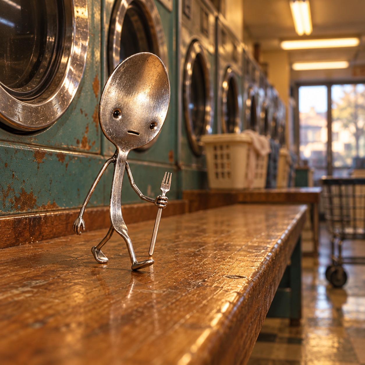 Sad Spoon walks on a laundromat counter past round washing machines