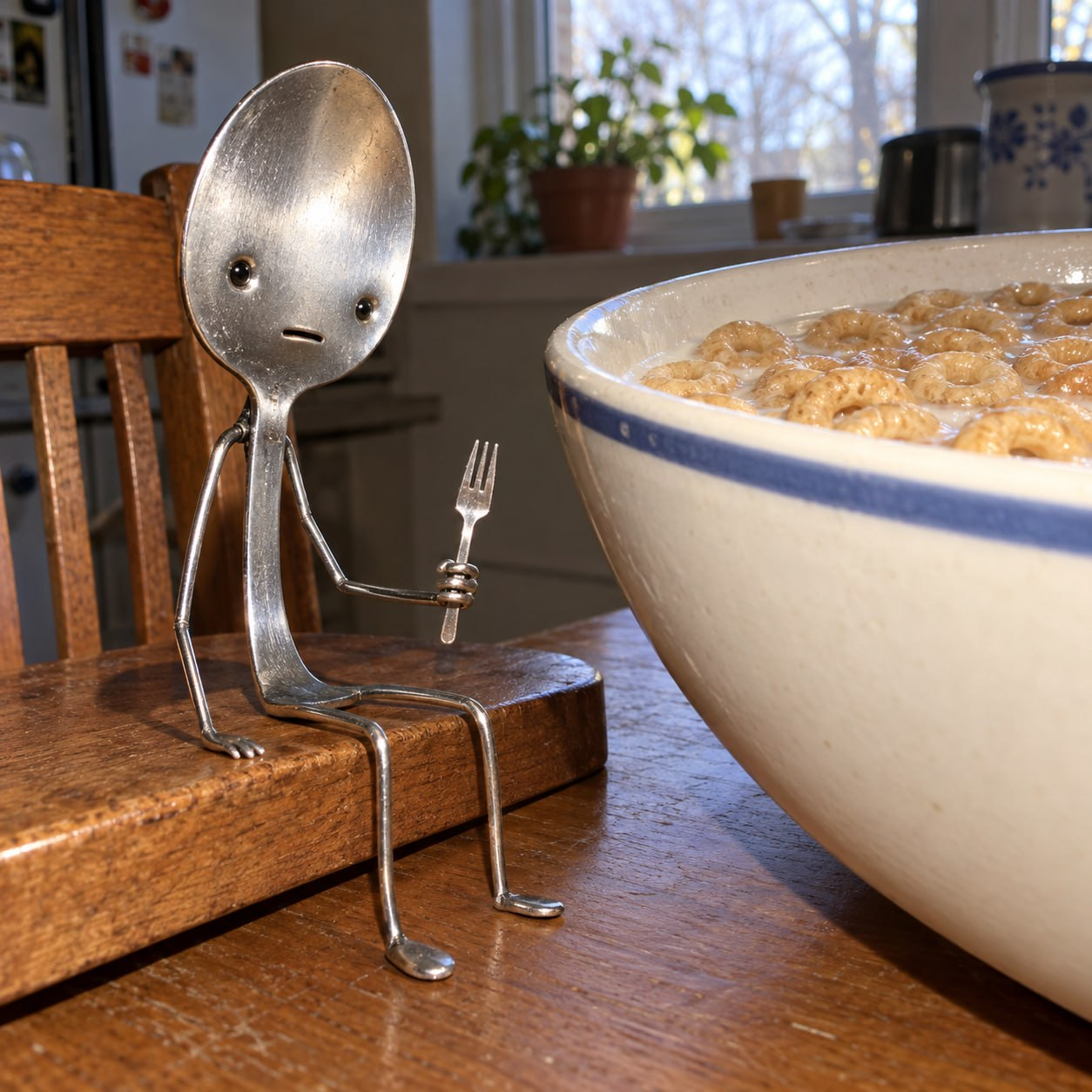 Original portrait of Sad Spoon holding a tiny fork next to a giant bowl of cereal