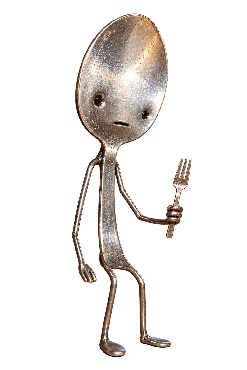 Sad Spoon, a tiny silver spoon character with a worried face, skinny metal limbs and a little fork